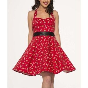 Rockabilly Swing Full Skirt Violin Retro Red Dress Size 12 Hearts and Roses